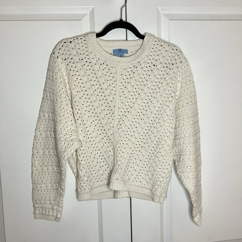 CeCe Sweater Womens M‎ White Oversized Batwing Granny Open Knit Boho Coastal